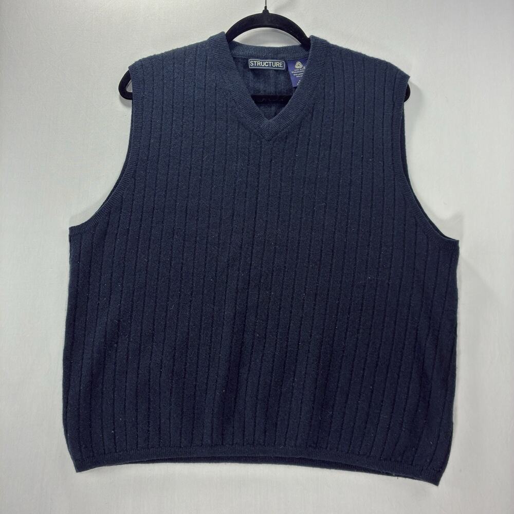 Structure Mens Sweater Vest Large Navy Blue Lambswool Blend V Neck Vintage